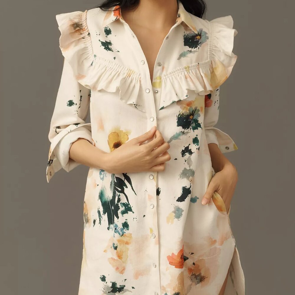 Pilcro Long-Sleeve Ruffled Denim Mini Shirt Dress